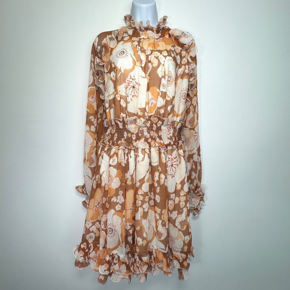 L'ATISTE BY AMY 1X Brown Floral Ruffle High‎ Neck Long Sleeve Boho Mini Dress